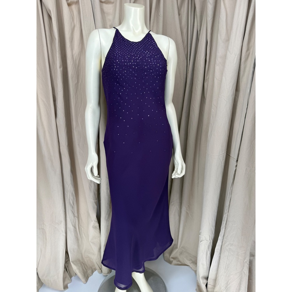 Vintage 90s Just Us Purple Chiffon Maxi Dress 9/10 Glitter Halter Prom USA